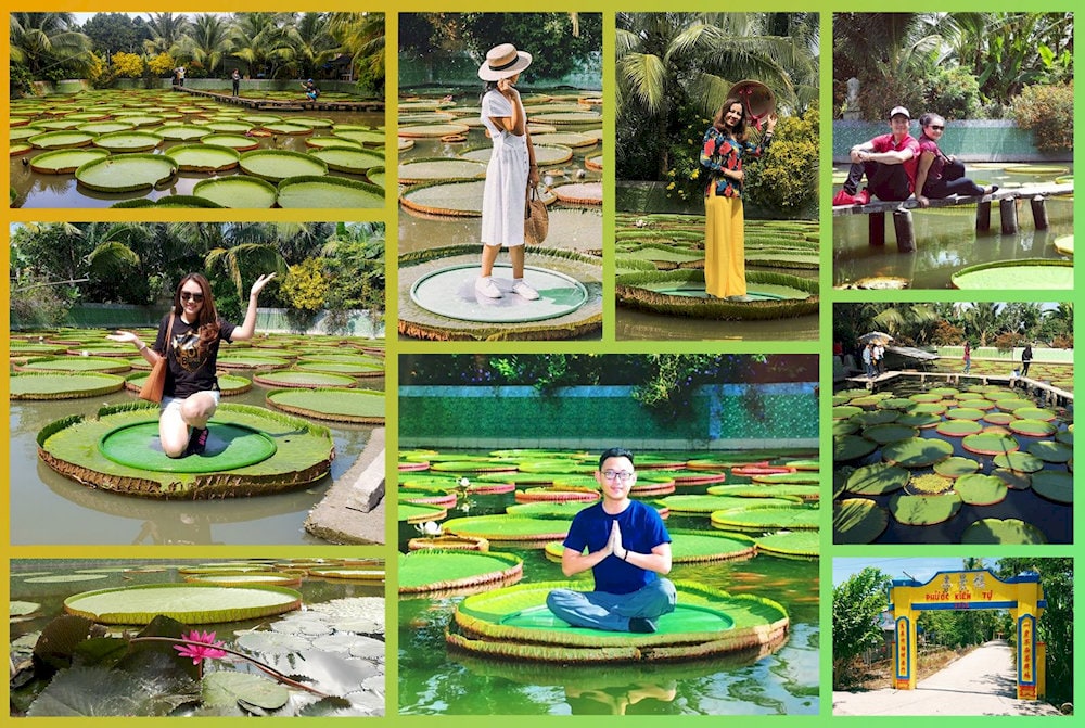 Du khách chụp ảnh với lá sen khổng lồ